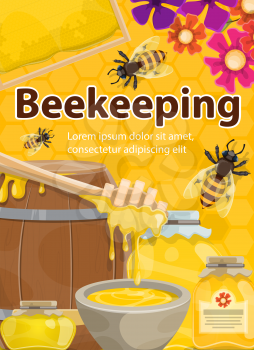 Honey beekeeping poster of honeycomb, wooden barrel and jar with honey drops and dipper spoon. Vector bees swarm from hive on flowers for beekeeper or apiary farm design