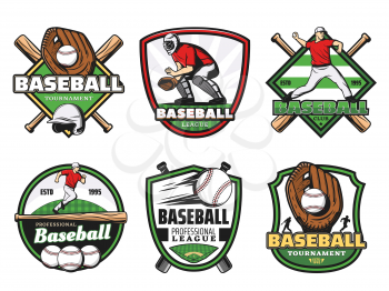 Baseball icons for championship, college league or sport game club and professional tournament. Vector badges of baseball player in outfit uniform and safety helmet hat with bat and ball in glove