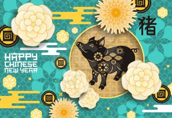 Happy Chinese New Year greeting card of pig ornament and China traditional symbols,hieroglyphs and patterns. Vector blue design for lunar Pig Year of pig in gold Chinese coins and flowers