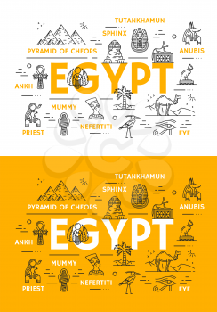 Egypt travel landmarks and ancient culture thin line icons. Vector poster of Egyptian Cheops pharaoh pyramids, sphinx or Tutankhamen and Nefertiti princess, Anubis and ankh or eye sign