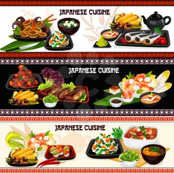 Japanese cuisine fish, seafood and vegetable dishes vector banners. Sushi, baked mackerel, potato and cuttlefish stews, shrimp salad, feta, miso and mushroom soups, chestnut rice, wasabi and ginger