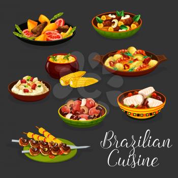 Brazilian cuisine meat dishes with vegetables. Vector bean sausage stew feijoada, grilled beef churrasco and shrimp stew mocequa, trout fish with rice, corn soup, meat mango and banana liver salads