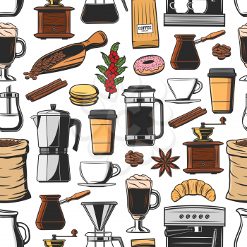 Coffee seamless pattern background with vector cups of hot drink. Espresso machine, bean grinder, latte and cappuccino beverage mugs, coffee pot, french press and cezve, croissant dessert and scoop