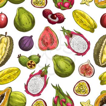 Exotic fruits vector seamless pattern background with sliced tropical berries. Papaya, feijoa and fig, carambola, passion and dragon fruits, lychee, durian and guava sketches. Fruity backdrop design