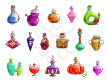 Potion bottles vector icons of witch magic elixir or alchemist poison. Evil wizard glass jars and magician flasks with colorful liquid, creepy skull tags and corks. Magical drink, Halloween design