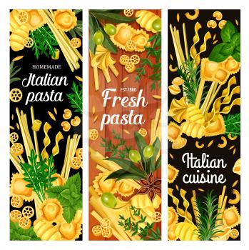 Pasta with spice herbs and olives, Italian cuisine vector menu. Spaghetti, macaroni and fettuccini, ravioli, lasagna and conchiglie, noodle, tortellini and gnocchi, canneloni, orzo and rotelli