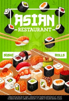 Sushi rolls and seafood nigiri with chopsticks vector design of asian cuisine restaurant. Salmon, rice and tuna fish uramaki, filadelfia, california, gunkan and hosomaki sushi with shrimp and octopus