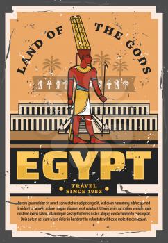 Egypt travel vintage vector poster with ancient egyptian pharaoh palace or temple religious building with hieroglyphs of ankh, horus eye and palms, Horus and Anubis gods. Tourism and travel design