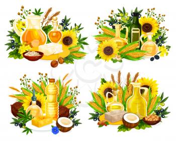 Cooking oil bottles and jars vector icons with vegetable ingredients. Olives, corn and sunflower, coconut, walnut and soybean, canola, hemp and sesame. Natural nut and seed oil, food seasonings design