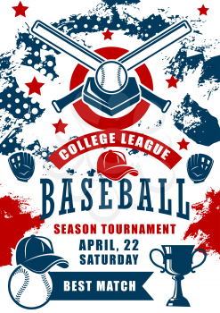 Baseball sport game season tournament of college league vector design. Ball, bat and winner trophy cup with home plate, batter player cap and pitcher gloves, championship match announcement poster