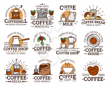 Coffee cup and espresso machine vector icons with thin line mug of hot drink, latte and cappuccino, sugar, bean bag and grinder, croissant, pot, french press and creamer. Coffee shop or cafe design