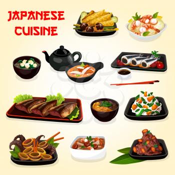 Japanese cuisine seafood and vegetable dishes with asian soy sauce vector design. Baked fish, shrimp salad and cuttlefish stew, miso, feta crab and mushroom soups, chestnut rice and fried sweet potato