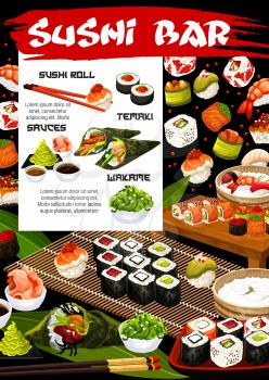 Sushi bar or japanese cuisine restaurant menu vector design. Seafood nigiri, rice and seaweed uramaki, philadelphia and california rolls with salmon fish and shrimp fillings, tuna temaki and gunkan