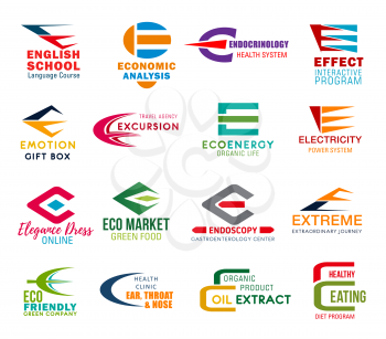 Corporate identity letter E business icons. Vector education and economy, medicine, interactive and therapy, travel. Ecology and electricity, fashion, shopping and sport, environment and health, food