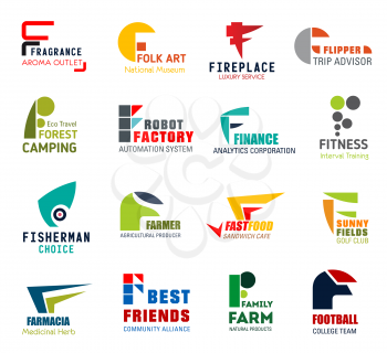 Corporate identity letter F business icons. Vector perfumery and art, recreation and travel, technology and finance, sport and fishing. Farming, food and agriculture, medicine, community and nutrition