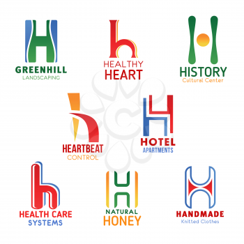 Letter H business company icons of health medicine or hotel. Vector H symbols of green hill landscaping design, heart cardiology or culture history museum center, honey food and clothes fashion shop
