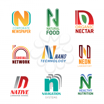 N letter icons for business. Newspaper and natural food, organic nectar and social network, nano technology and neon laboratory. Native language school and navigation systems, healthy nutrition vector