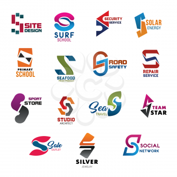 Letter S icons design for business. Site and surf, security and solar, school and seafood, safety and service, store and studio, sea and star. Sale and silvery, social network vector isolated