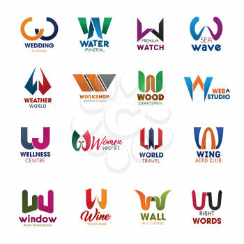 Letter W icons for business design. Wedding and water, watch and wave, weather and workshop, wood and web, wellness and women, world and wing. Window and wine, wall and words badges vector isolated