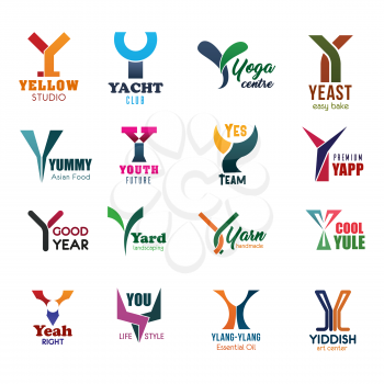 Letter Ybusiness icons for branding. Yellow and yacht, yoga and yeast, yummy and youth, yes and yapp, year and yard, yule and yeah, you and ylang ylang, yiddish. Studio and agency or centre vector