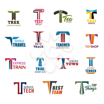 Letter T corporate identity icons for business industries. Tree and test group, tea and taxi, travel and track, teacher and toy shop, train and trial. Town and tender, tech and team, top things vector
