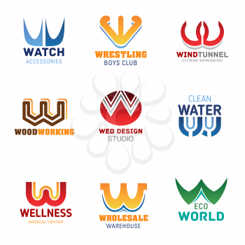 W icons and corporate identity letter font symbols. Vector W signs of watch shop, wrestling sport gym club and wind tunnel entertainment park, web design studio or wellness medical center and eco park