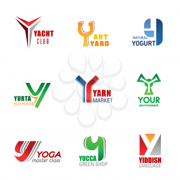 Y letter business identity icons and signs. Vector yacht club and yard art, natural yogurt and yurta eco house, yarn market, your environment, yoga classes, yucca green shop and yiddish language