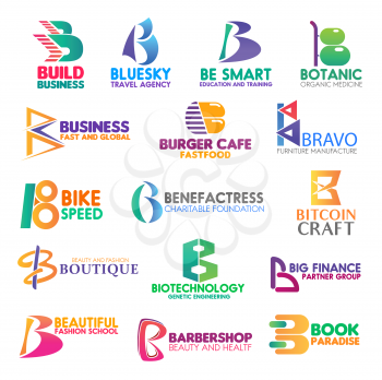 Corporate identity letter B business icons. Vector travel and education, medicine and food, transport and charity, digital, money and fashion, technology and finance. Vector emblems, signs or symbols