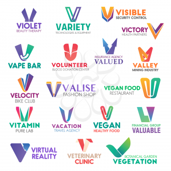 Corporate identity letter V business icons. Vector beauty and technology, security and health, bar and donation, insurance. Mining and bike, fashion and food, travel, finance and veterinary, gardening