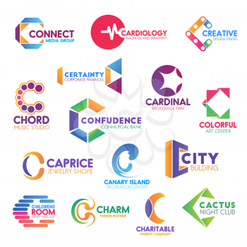 Corporate identity letter C business icons. Vector media and medicine, design and finance, music and banking, brokerage and art. Jewelry and recreation, building and entertainment, fashion and charity