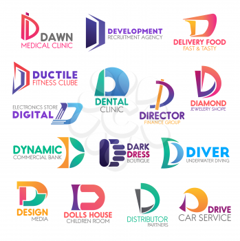 Corporate identity letter D business icons. Vector medicine and hiring, delivery and food, sport and health, finance, jewelry and technology. Banking, fashion and hobby, design and entertainment