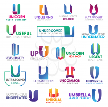Corporate identity letter U business icons. Vector media and security, technology and advertising, hobby and science. Estate and shopping, health and medicine, education and sport, food and forecast