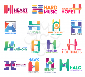 Corporate identity letter H business icons. Vector medicine and music, beauty and barbershop, fishing and photography. Jurisprudence and sport, culture and travel, trading and brokerage isolated