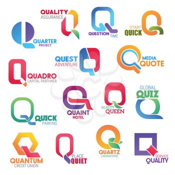 Corporate identity letter Q business icons. Assurance and sport, finance and travel, media and transport, recreation and beauty, banking and science. Vector emblems, signs and symbols isolated