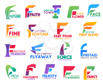 Corporate identity letter F business icons. Vector ecology and religion, furniture and floristry, beauty and art, gambling and food. Fashion and transportation, transport, medicine and market, camping
