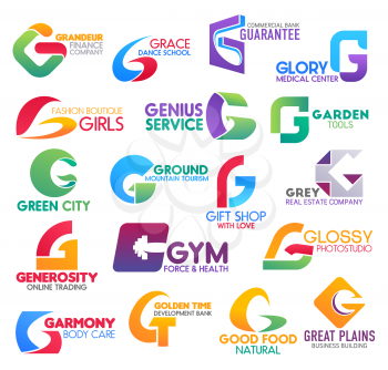 Corporate identity letter G business icons. Vector finance and hobby, banking and medicine, fashion and gardening, ecology, travel and shopping. Estate, trading and sport, photography and beauty, food