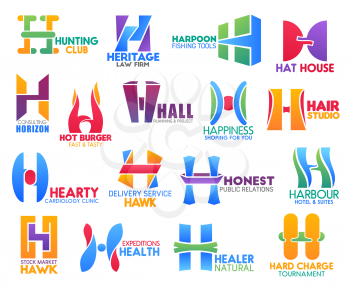 Corporate identity letter H business icons. Vector hunting and law, hobby, fashion and planing, shopping, beauty and medicine. Delivery and recreation, stock and health, nature and tournament