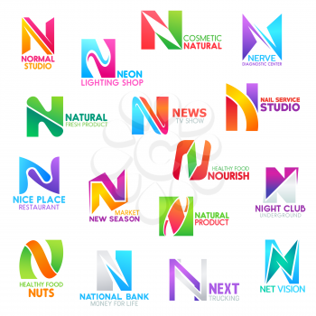 Corporate identity letter N business icons. Electricity and beauty, medicine and ecology, media and food, shopping and entertainment, banking and trucking, Internet. Vector emblems, signs or symbols