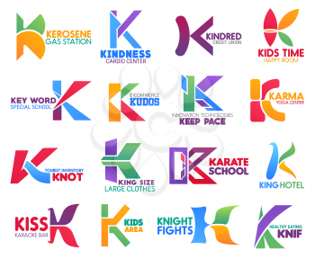 Corporate identity letter K business icons. Vector gas and medicine, finance and entertainment, education, ecommerce and technology. Sport and travel, fashion and recreation, food signs or symbols