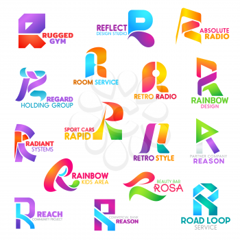 Corporate identity letter R business icons. Sport and design, radio and holding, cleaning and technology, transport and entertainment, beauty and banking, road. Vector emblems, signs or symbols