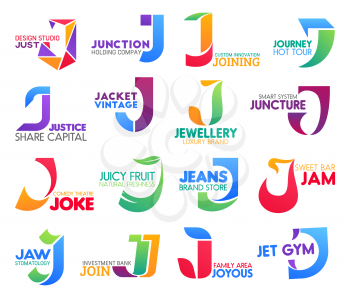 Corporate identity letter J business icons. Vector design and holding, technology and travel, law and fashion. Jewelry and entertainment, food and fashion, drink and medicine, banking and sport
