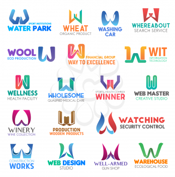 Corporate identity letter W business icons. Vector sport and nutrition, transport and search, ecology and finance, technology and health. Medicine and studio, drink and production, security and design