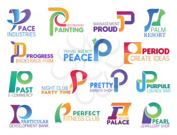 Corporate identity letter P business icons. Vector industry and art, management, recreation and brokerage, travel, entertainment and barbershop. Development and sport, jewelry shop signs and symbols