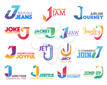 Corporate identity letter J business icons. Fashion and food, travel and entertainment, medicine and jewelry, sport and commerce, management and banking. Vector emblems, signs and symbols isolated