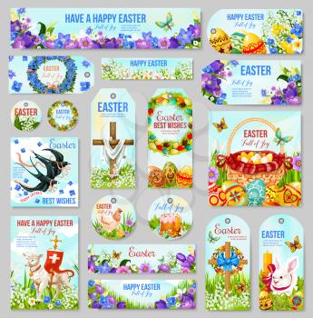 Easter tag and label set for religion holiday design. Easter egg hunt basket, rabbit bunny and cross, spring flower, bird and lamb of God, daffodil, lily and ribbon bow for Easter Sunday celebration