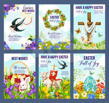 Happy Easter greeting cards of paschal eggs, Jesus crucifix cross and lamb with Christianity flag. Vector religious holiday posters of Easter bunny, swallow birds and butterflies in flowers