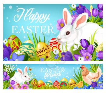 Happy Easter greetings and wishes on Christian religious holiday. Vector holy Easter celebration banners with bunny, paschal eggs, hen and chick in spring crocuses and tulip flowers