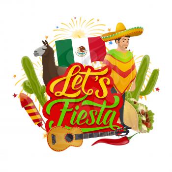 Cinco de Mayo celebration poster, Mexico traditional holiday fiesta. Vector Cinco de Mayo macho man in sombrero and poncho, Mexican guitar with flag and cactus, tacos and party fireworks
