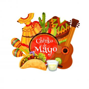 Cinco de Mayo fiesta party mariachi guitar, maracas and costumes vector greeting card. Mexican holiday tequila margarita, cactus and chilli tacos, Latin American music festival design