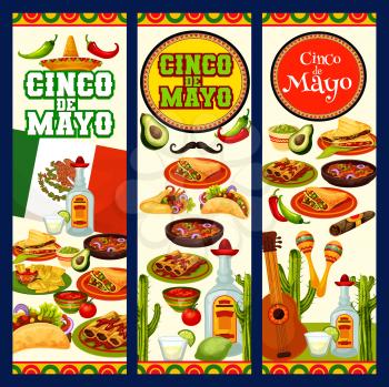Cinco de Mayo holiday and Mexico traditional fiesta celebration food. Vector Cinco de Mayo party burrito , tacos, tequila and nachos with guacamole or chili pepper salsa, cactus tequila and quesadilla